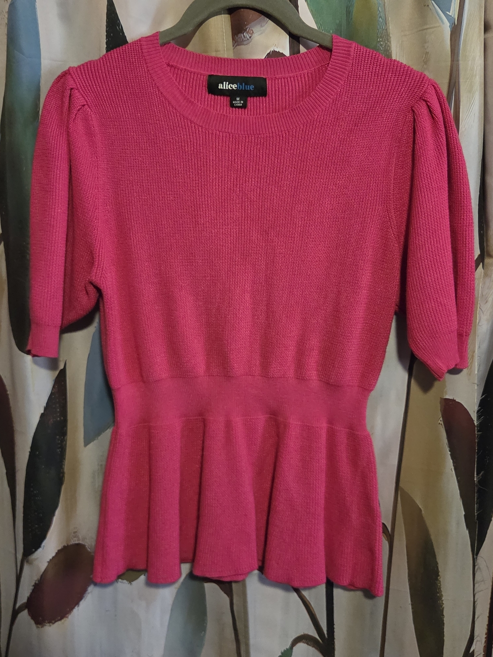 Alice Blue Hot Pink Peplum Knit Top with Puff Sleeves